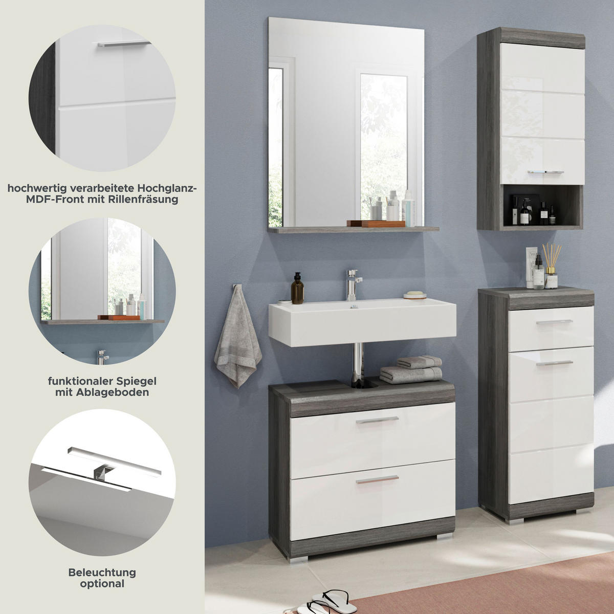 BADKOMBINATION 4tlg. Scout Bad in Rauchsilber Nachbildung und weiß hochglanz B/H/T: 112x191x34 cm - Anthrazit, Holz (112/191/37cm)