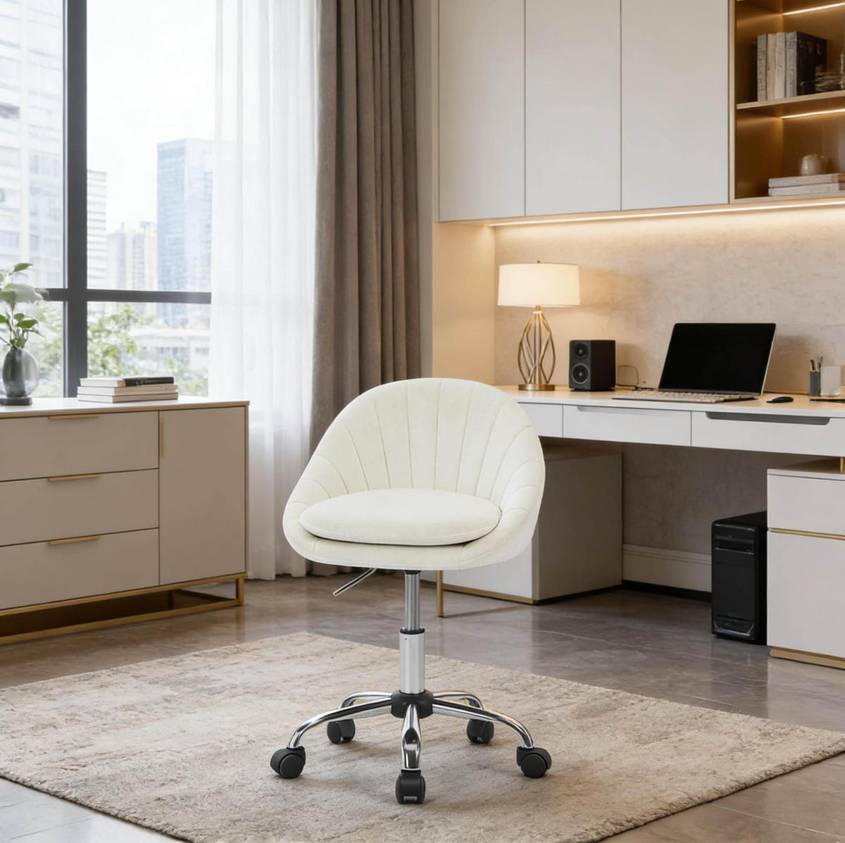 DREHSTUHL 52/52/72-82 cm beige aus Samt und Metall mit 360°-Drehfunktion - Beige, Metall (47.5/82/52cm) - OKWISH
