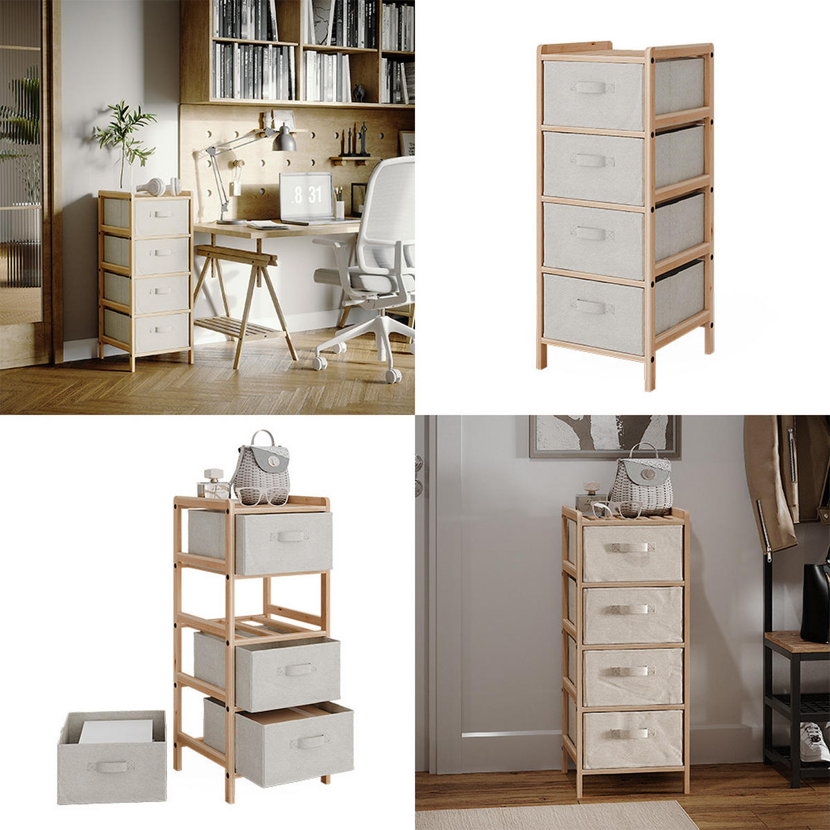 KOMMODE Bruno Beige 34.5 x 86 cm mit 4 Stoffschubladen - Beige/Naturfarben, Holzwerkstoff (34.5/86/36.5cm) - Vicco