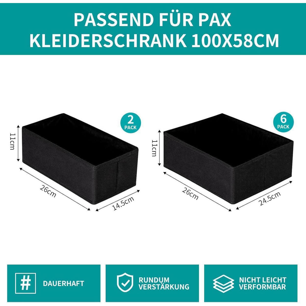 SCHUBLADEN Organizer 8er Set für PAX Kleiderschrank 100x58 cm Schwarz - Schwarz, Textil (24/11/26cm)
