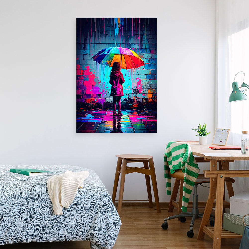 LEINWANDBILD Mädchen mit Regenschirm Graffiti Straßenkunst 60x90cm - Multicolor, Textil (60/90cm) - Feeby