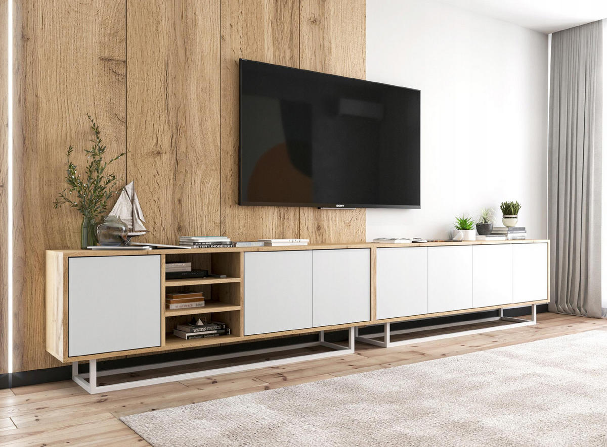 TV-SCHRANK 2-er Set Apollo Eiche wotan Weiß Matt 150 cm - Schwarz/Weiß, Holzwerkstoff/Metall (300/53/35cm) - Meble Lindner