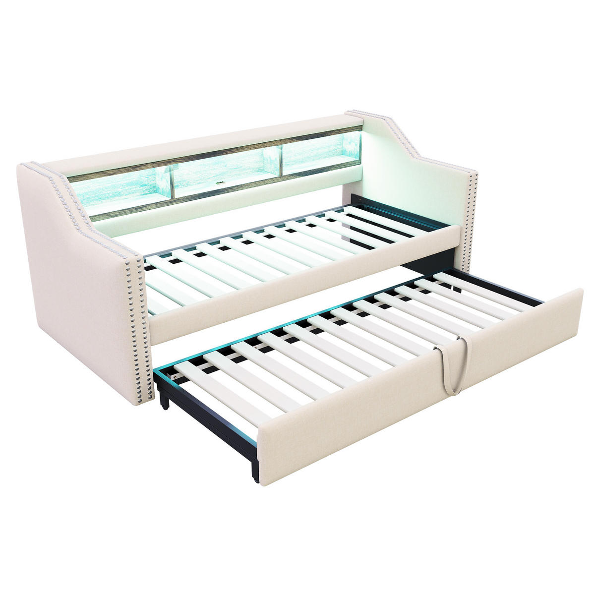 POLSTERBETT Ausziehbares Schlafsofa 90/190 cm und 180/190 cm Staufach mit LED und USB-Buchse aus Leinen - Beige, Textil (90/190cm) - OKWISH