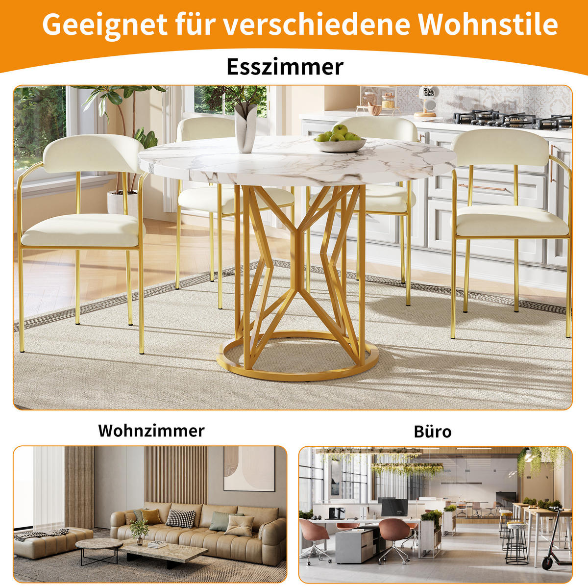 ESSTISCH, MDF in Marmoroptik & Metallgestell, 100/100/76 cm, Goldfarben - Goldfarben, Holzwerkstoff (100/100/76cm) - Redom