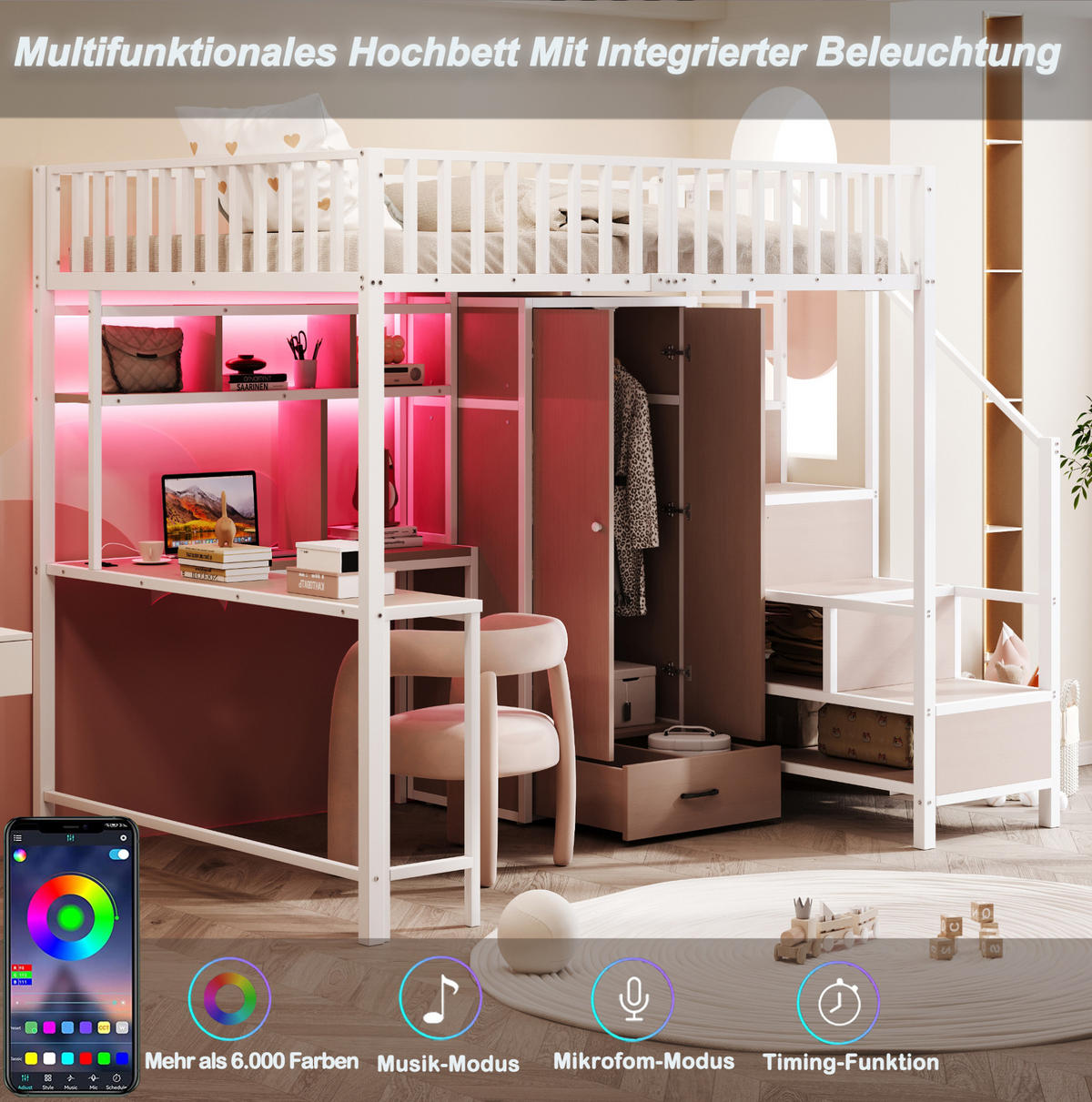 HOCHBETT 140/200 cm Weiß aus Metall mit Schreibtisch - Weiß, Metall (140/200cm) - OKMYHOME