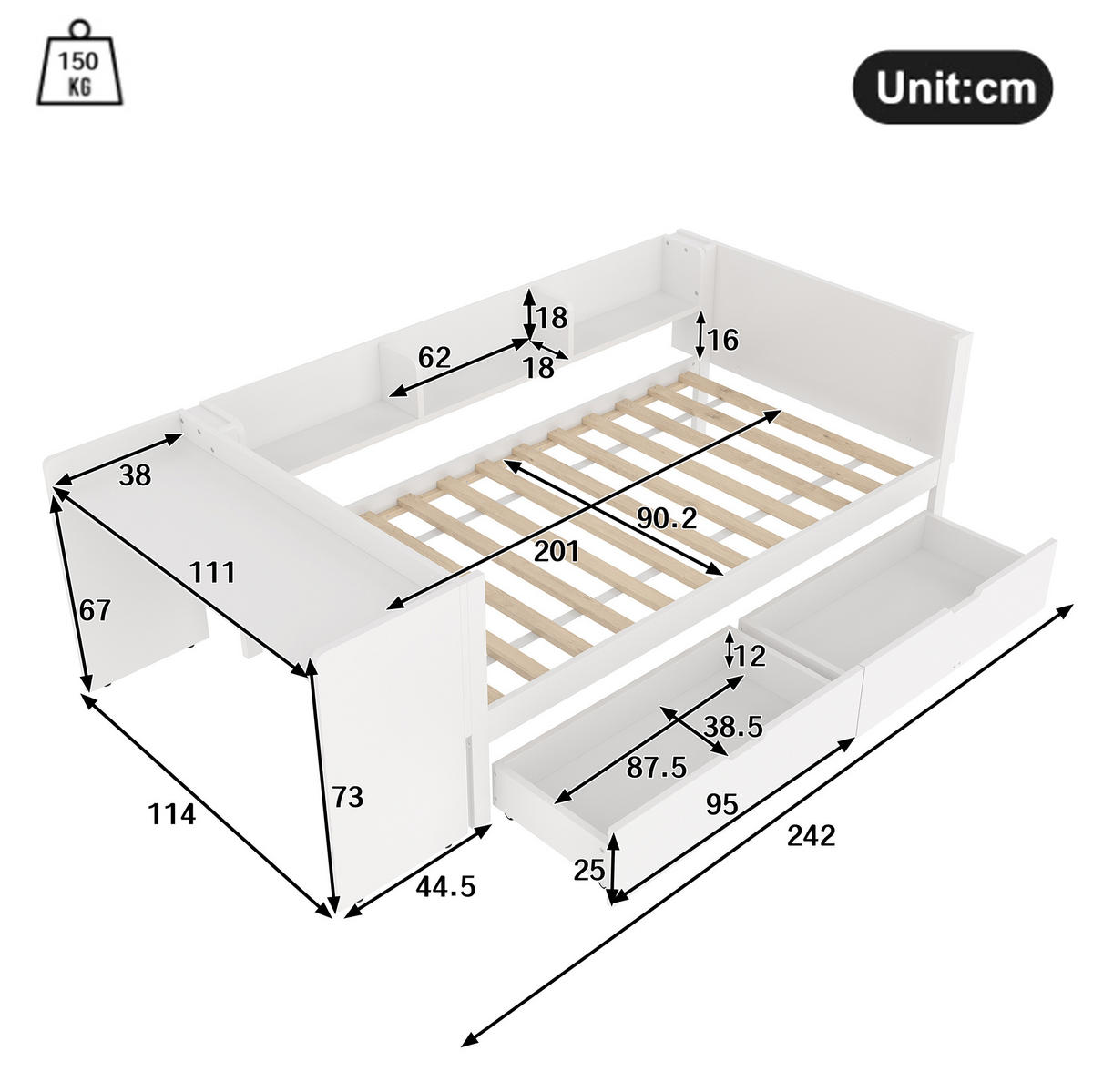 KINDERBETT 90/200 cm mit Schreibtisch, 2 Schubladen und Regalen aus Kiefern , Weiß - Weiß, Holzwerkstoff (90/200cm) - Redom
