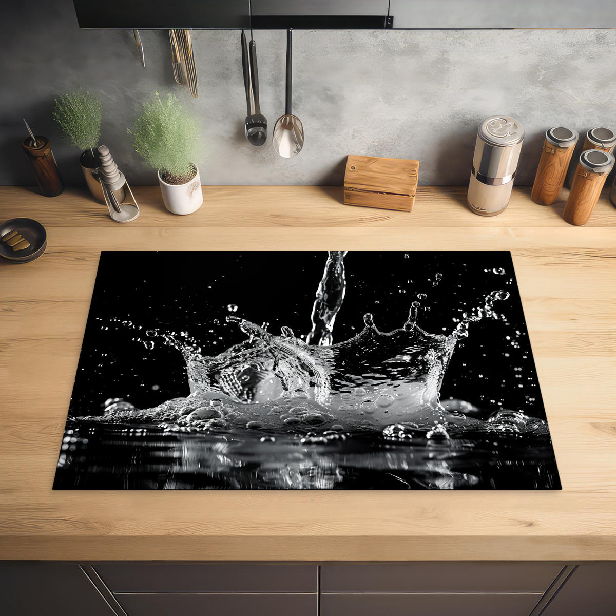 HERDABDECKPLATTE Wasser - Spritzwasser - Schwarz Induktionsmatte 77x51 cm - Schwarz, Kunststoff (77/51/0.2cm) - MuchoWow