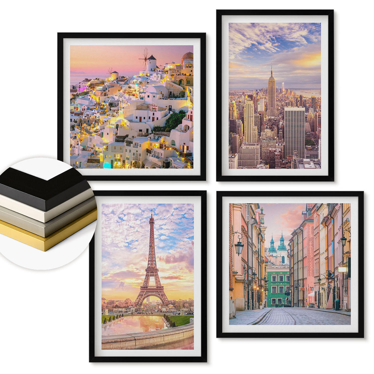 WANDBILDER 4er-Set - 50x50 cm & 40x60 cm Schwarzer Rahmen - New York Paris Oia Warschau Dämmerung - Schwarz, Kunststoff (50/50cm) - ArtPrintCave