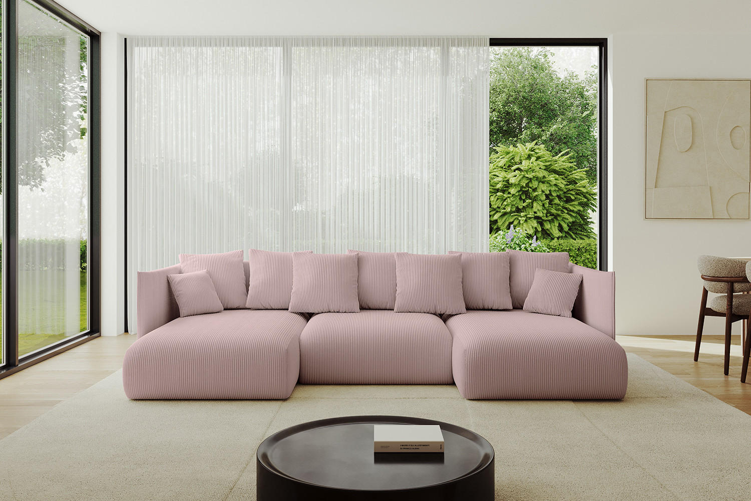 WOHNLANDSCHAFT mit Schlaffunktion und Bettkasten ONESK-U 304x165x40 Rosa Cord - Rosa, Holzwerkstoff/Kunststoff (304/90/165cm) - ALTDECOR