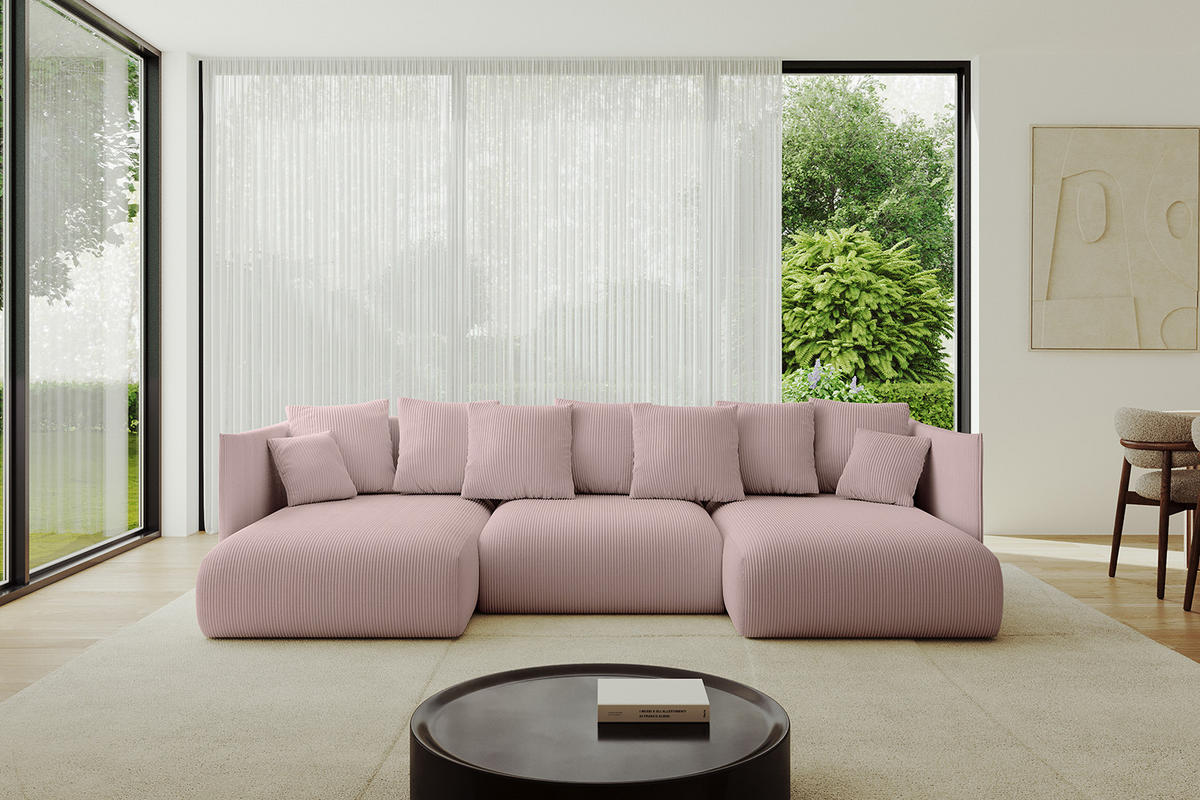 WOHNLANDSCHAFT mit Schlaffunktion und Bettkasten ONESK-U 304x165x40 Rosa Cord - Rosa, Holzwerkstoff/Kunststoff (304/90/165cm) - ALTDECOR