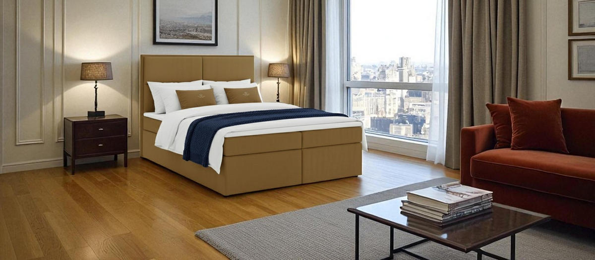 BOXSPRINGBETT AURORA mit Topper und Bettkasten, Honig, 180x200 cm - Honig, Textil (180/200cm) - KS Home Concept