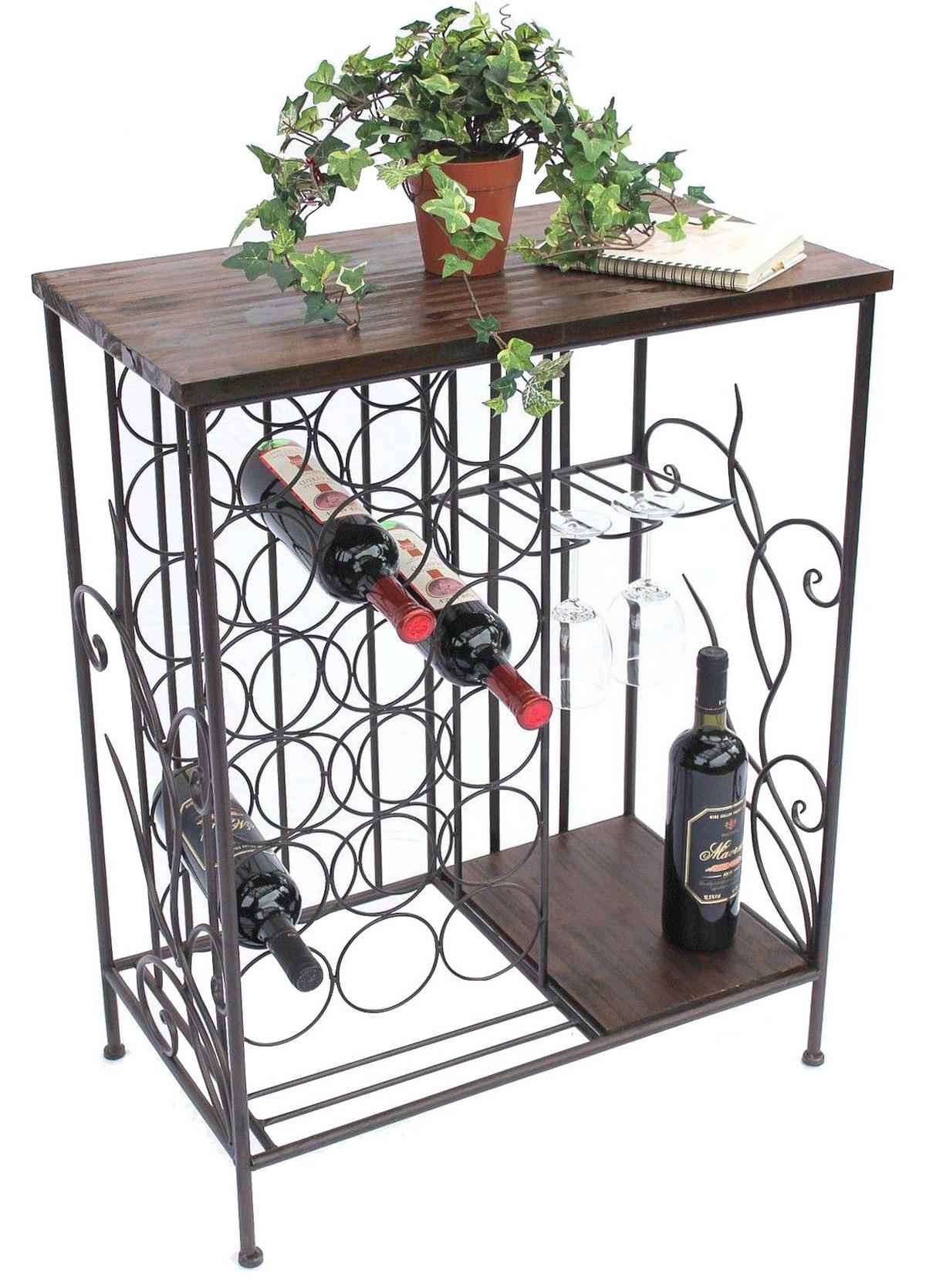 WEINREGAL mit Holzablage und Glashalter Metall Braun 83 cm 12977 - Braun, Metall (62/83/36cm) - DanDiBo