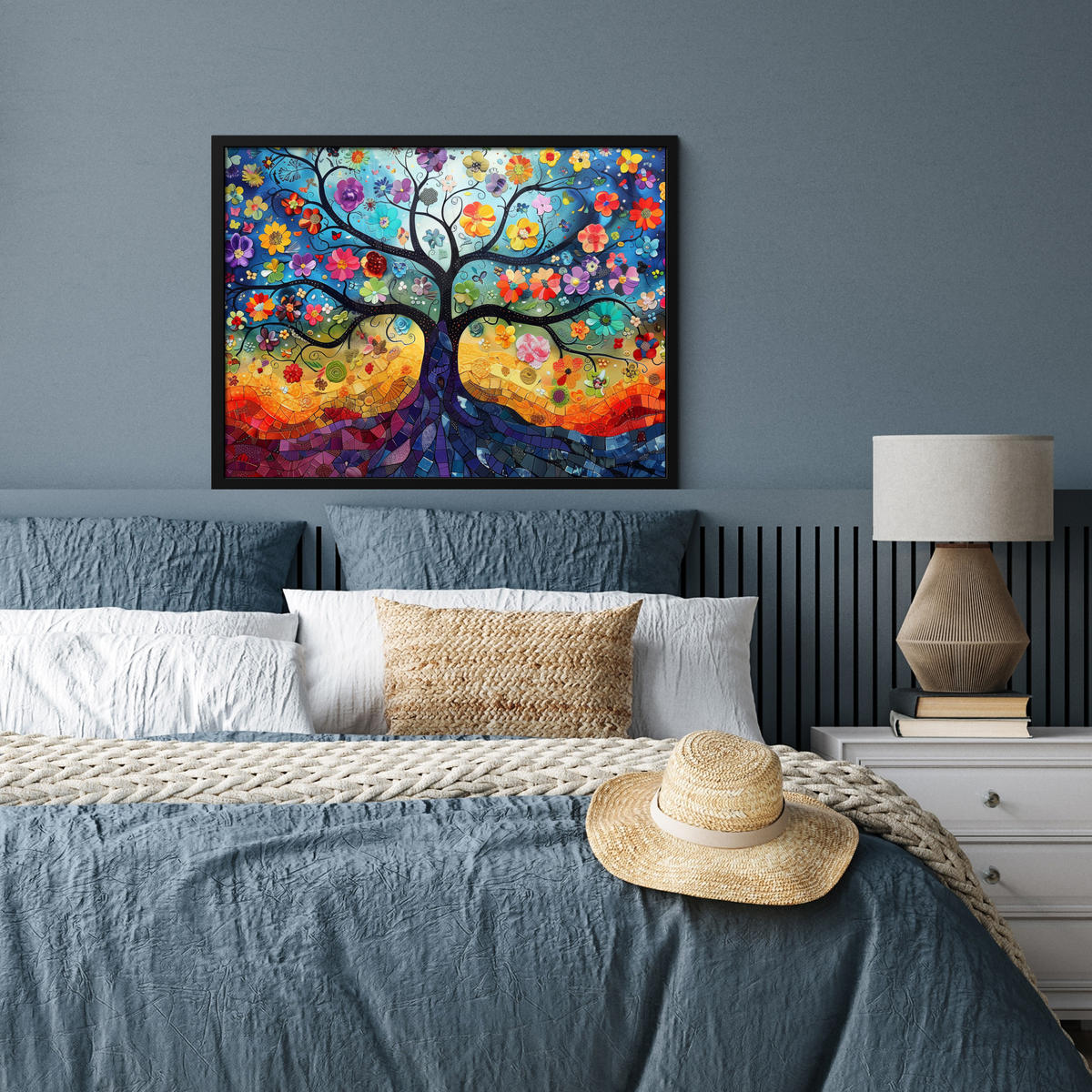 POSTER MIT RAHMEN Kunst - Baum des Lebens - Blumen - Hippie 80x60 cm - Dunkelblau, Papier (80/60cm) - MuchoWow
