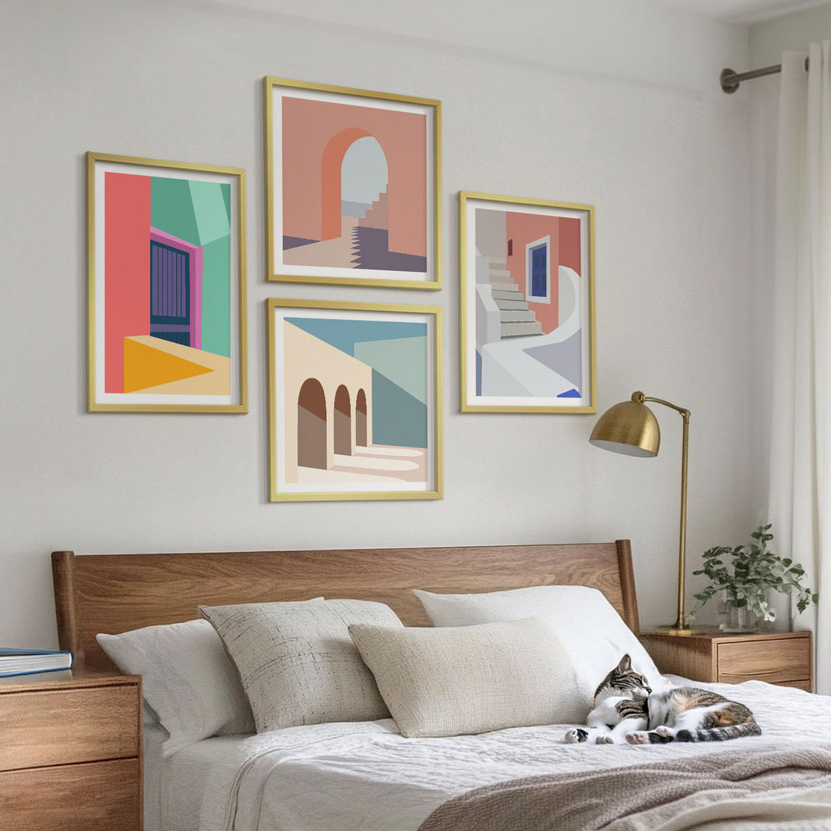 BILDER SET 4er Set - 50x50 cm & 40x60 cm Goldrahmen - Farbenfrohe moderne Gebäude - Goldfarben, Kunststoff (50/50cm) - TULUP