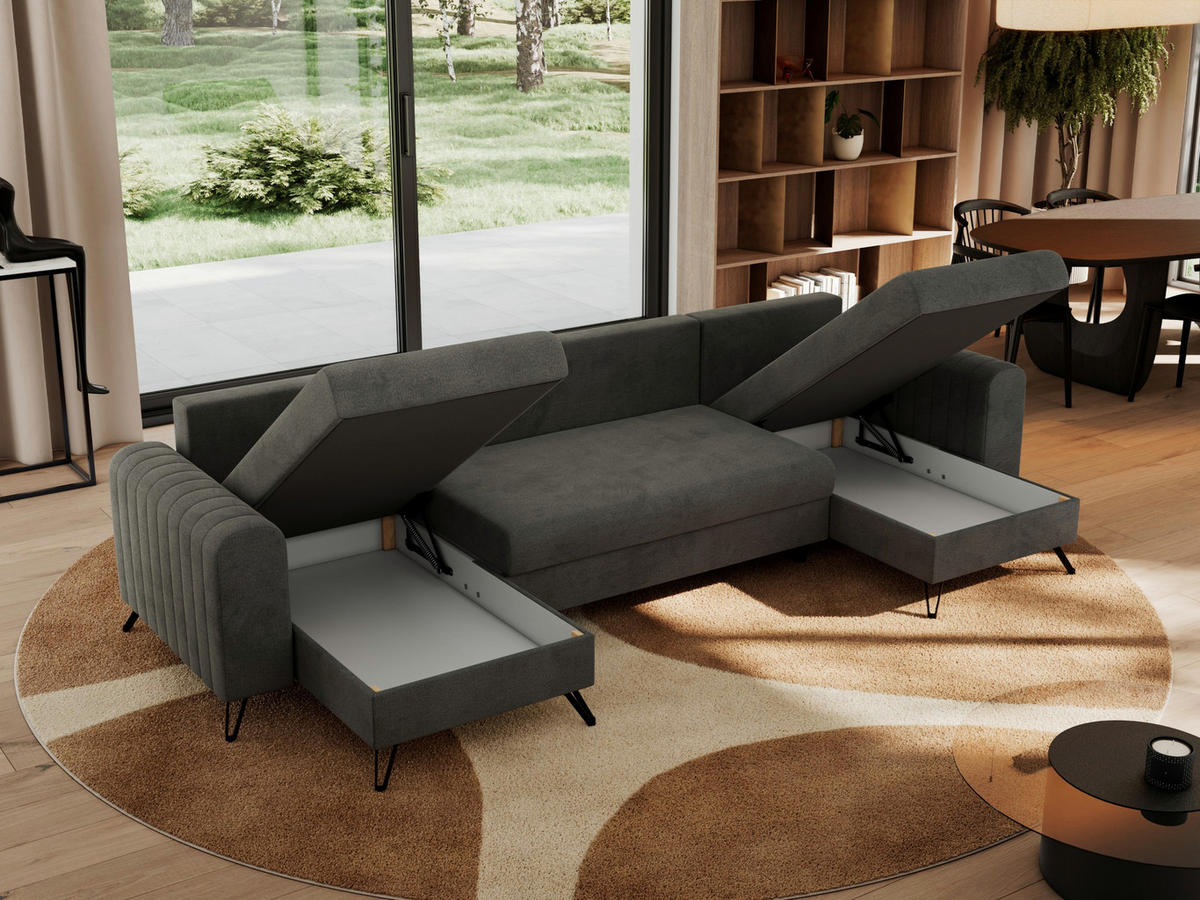 WOHNLANDSCHAFT AXEL U Velvet Dunkelgrau - Schwarz/Grau, Textil/Metall (312/90/140cm) - MKS