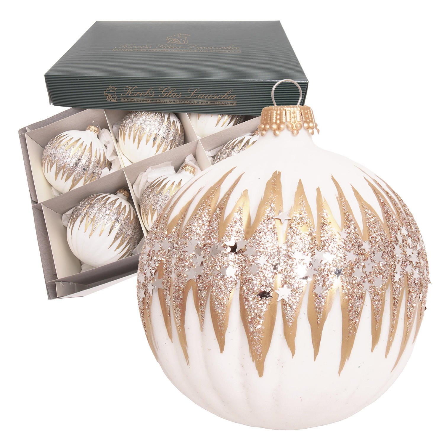 CHRISTBAUMKUGELN Geriffelt mit Glitter und Sternen Weiß 8cm (Glas / 6 Stk.) - Weiß, Glas (8/8/8cm) - Krebs Glas Lauscha