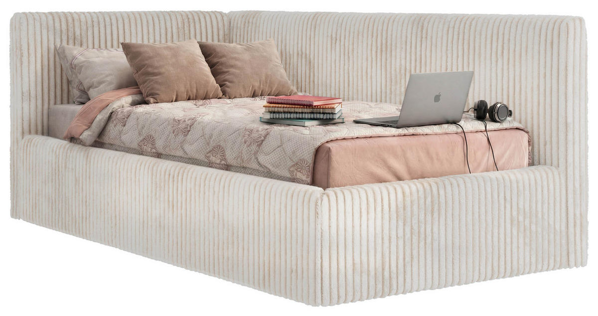 POLSTERBETT TILVO 90/200 - Beige Cord - Taschenfederkernmatratze - Links - Beige, Textil (90/200cm) - MKS