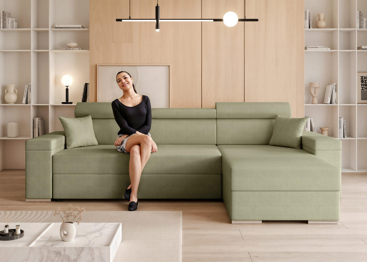 ECKSOFA AISHA mit Schlaffunktion und Bettkasten Grün - Grün, Holzwerkstoff/Kunststoff (250/90cm) - Idohome