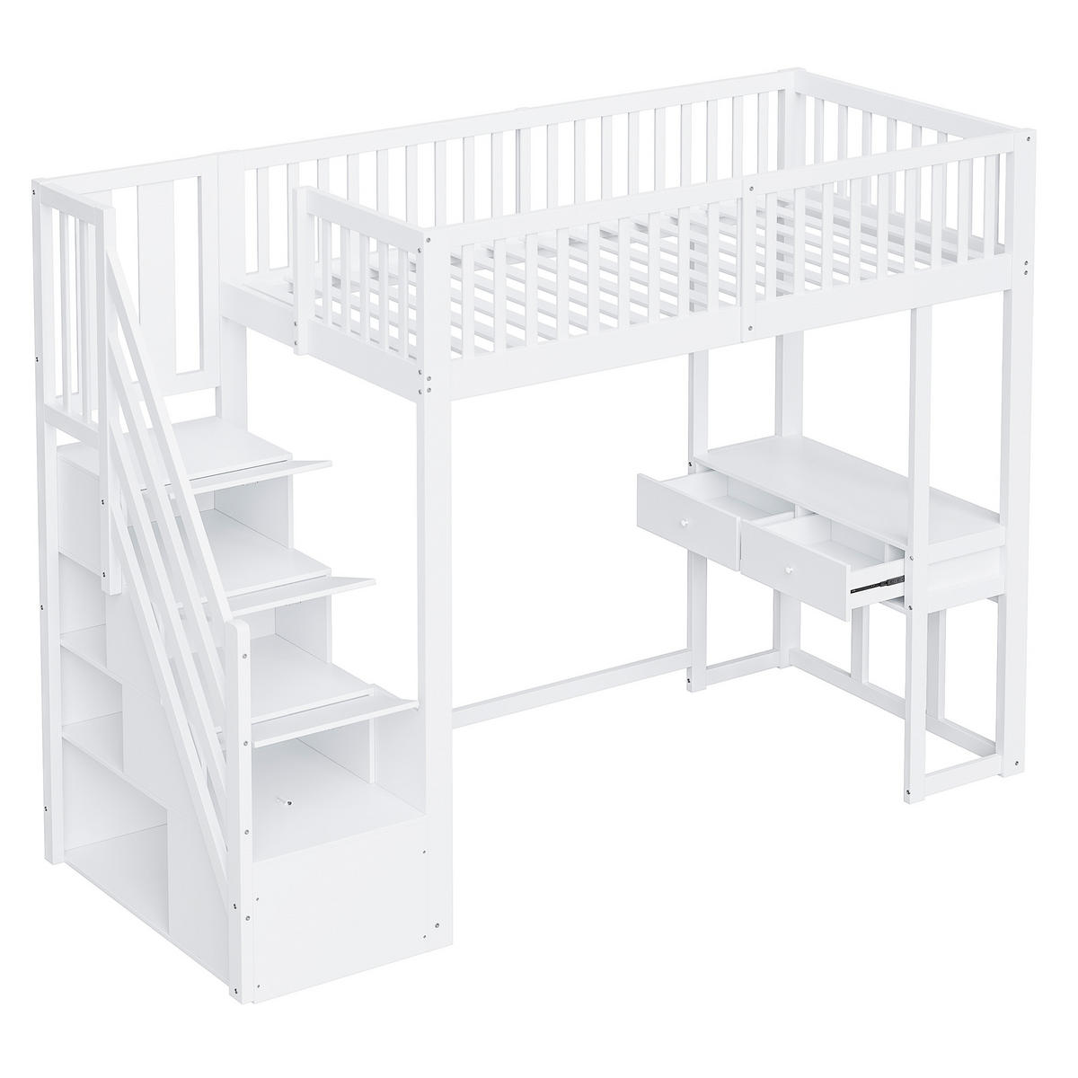 HOCHBETT 90/200 cm DE-01182, in Weiß, mit Tisch und Stauraum-Treppe - Weiß, Holz (90/200cm) - ComfortXL