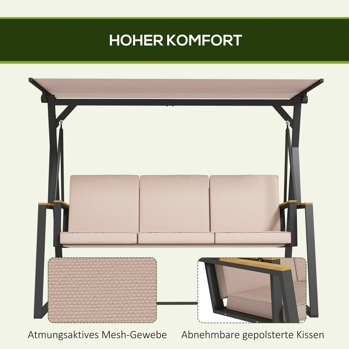HOLLYWOODSCHAUKEL mit Verstellbarem Dach, Khaki, 205 x 130 x 175 cm - Braun, Metall (130/175/205cm) - Outsunny