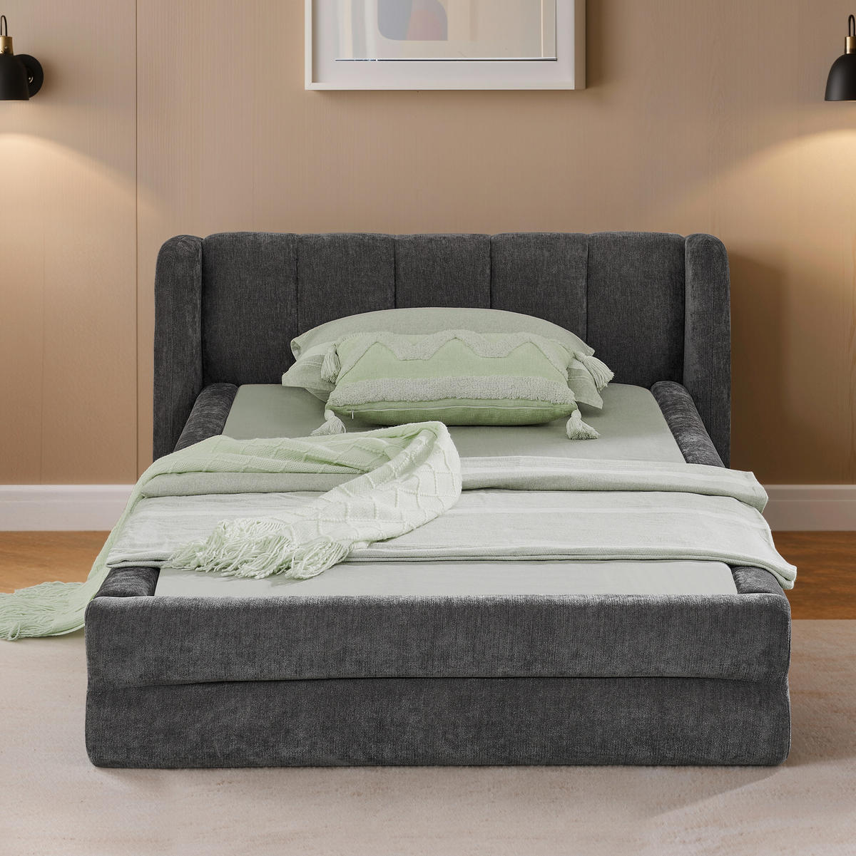 EINZELBETT 90x200 cm Chenille Rückenlehne grau - Dunkelgrau, Kunststoff (90/200cm) - LEBENLANG