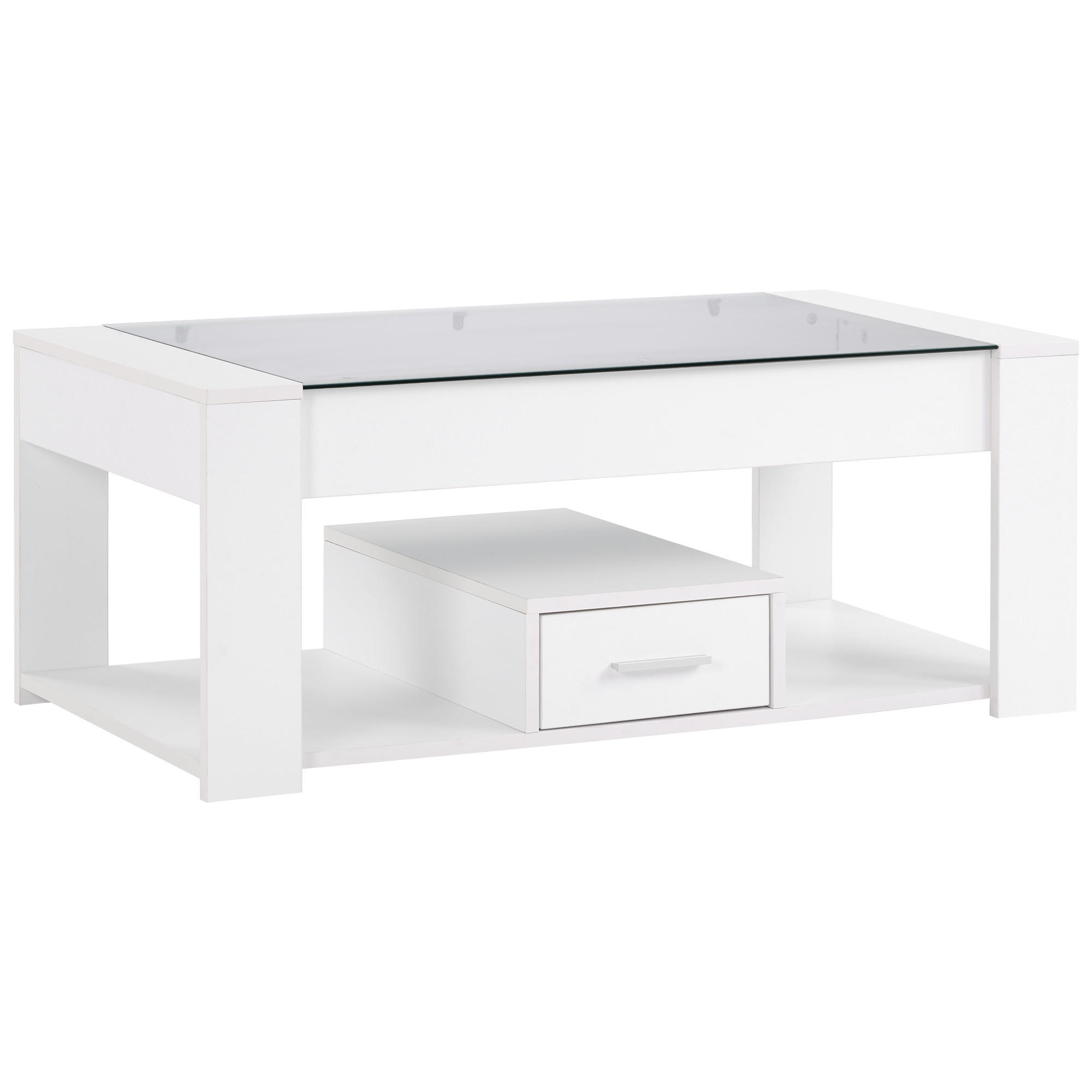 COUCHTISCH, weiße Glasplatte, Spanplatte, 2 Schubladen & offenes Fach, 100/50/40 cm,weiß - Weiß, Holzwerkstoff (100/50/40cm) - Redom