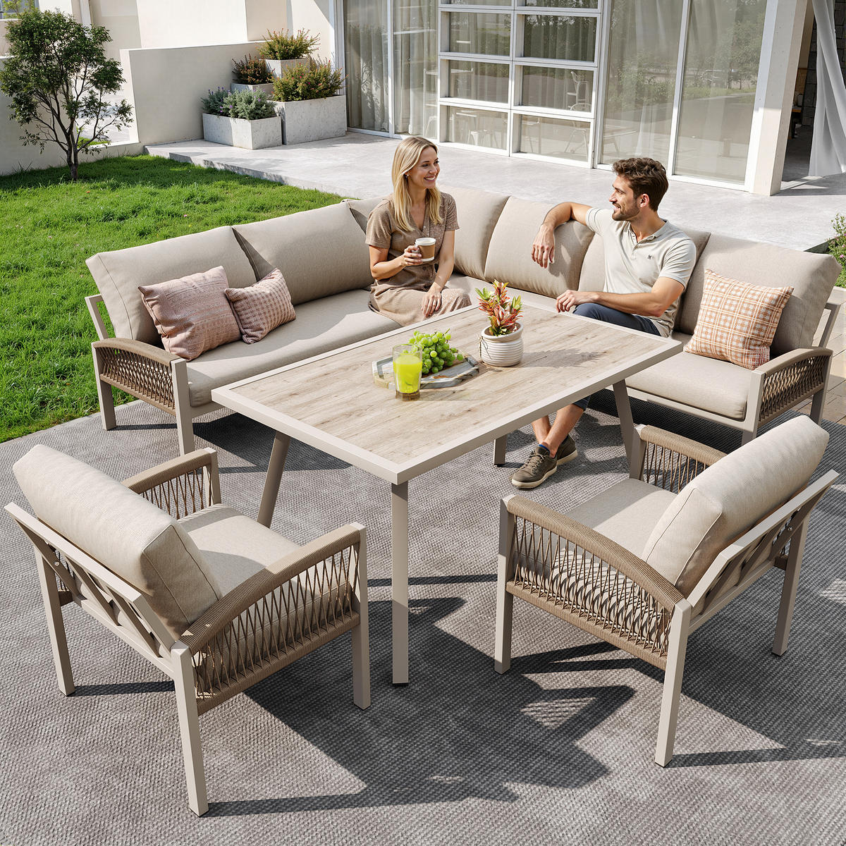 GARTENSET L-Form 8 Personen Beige Inkl. Tisch & 2 Sesseln - Beige, Metall - FLIEKS