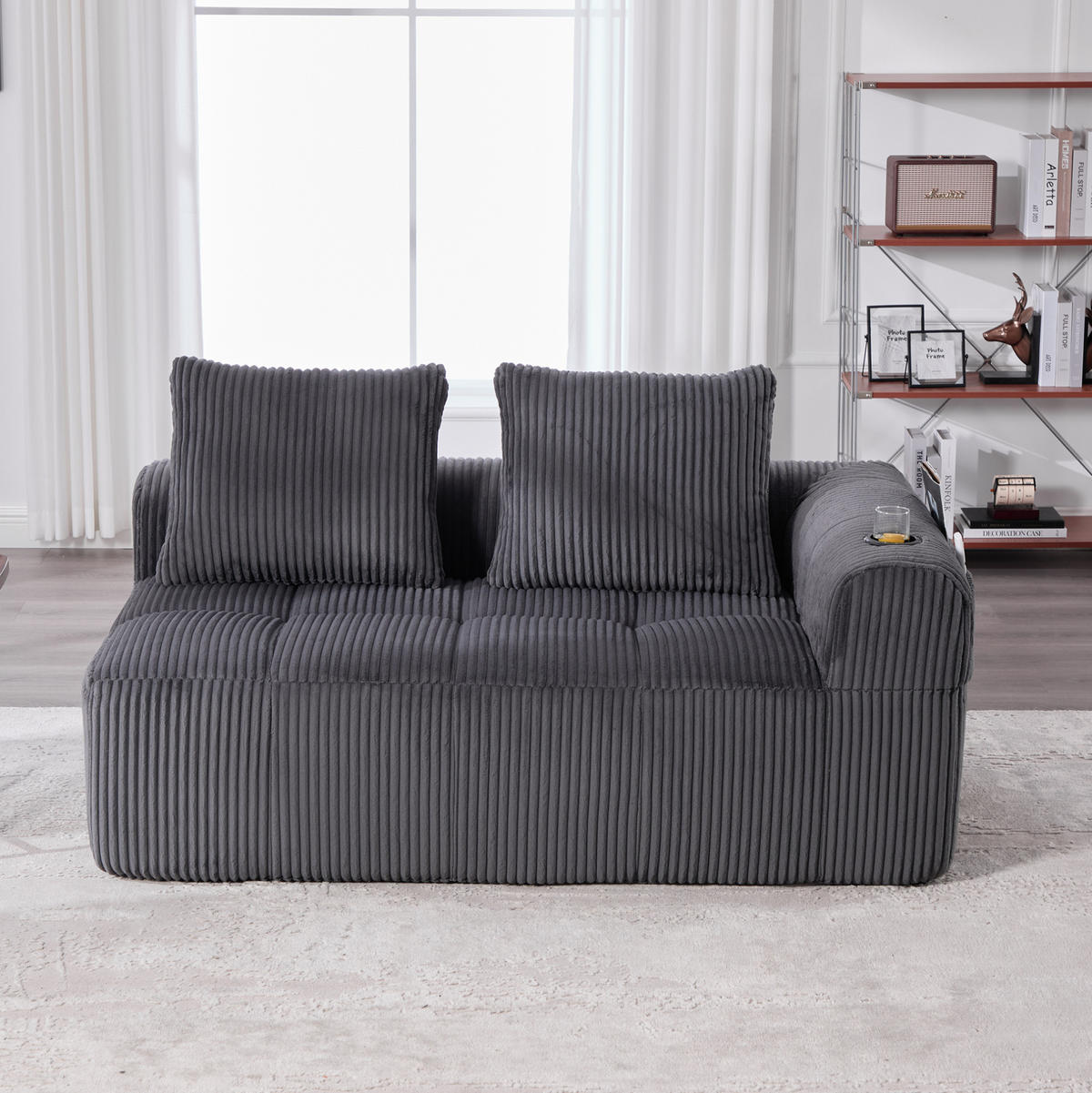 POHOVKA 158/93/61 cm tmavě šedá z manšestru s bočními kapsami a držáky nápojů - tmavě šedá, textil (93/61/158cm) - OKWISH