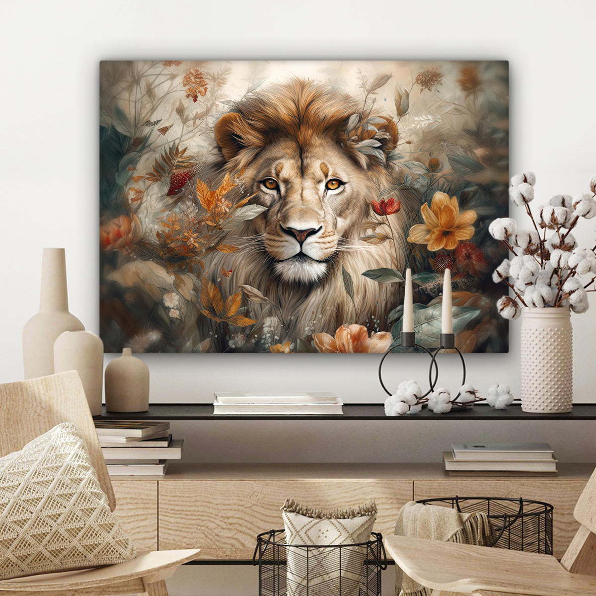 LEINWANDBILD Löwe - Wildtiere - Pflanzen - Natur - Blumen Wandbilder 80x60 cm - Beige, Textil (80/60cm) - MuchoWow