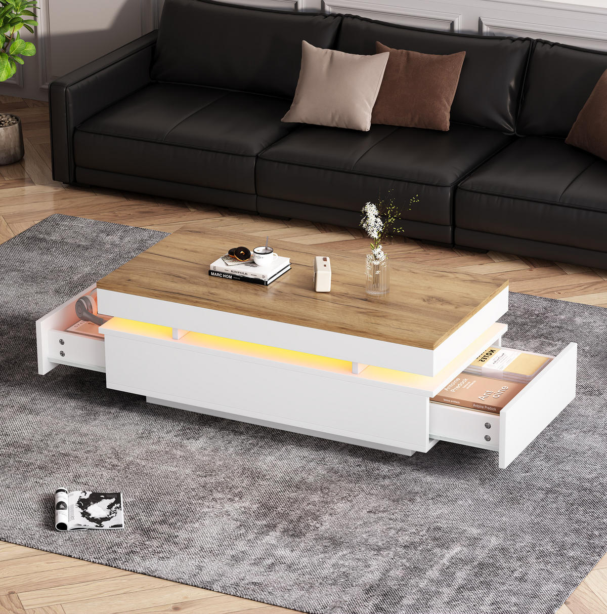 COUCHTISCH 100/50 cm mit 2 Schubladen, LED-Beleuchtung und USB in Weiß/Holzfarben - Weiß, Holzwerkstoff (100/50/35cm) - BEAOK
