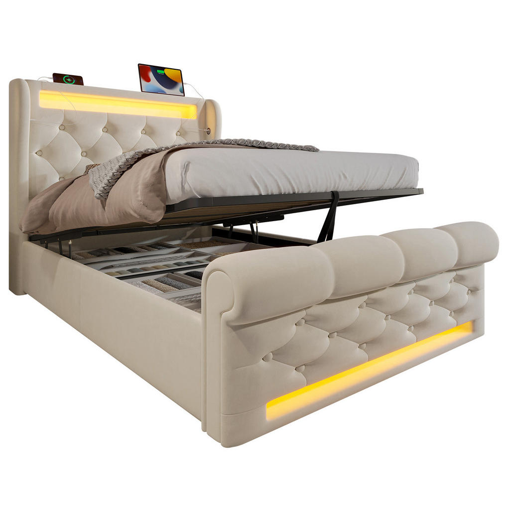 Modfu ČALOUNĚNÁ postel ze sametu 90x200 cm béžová s LED osvětlením, USB a USB-C, hydraulickým úložným prostorem a matrací