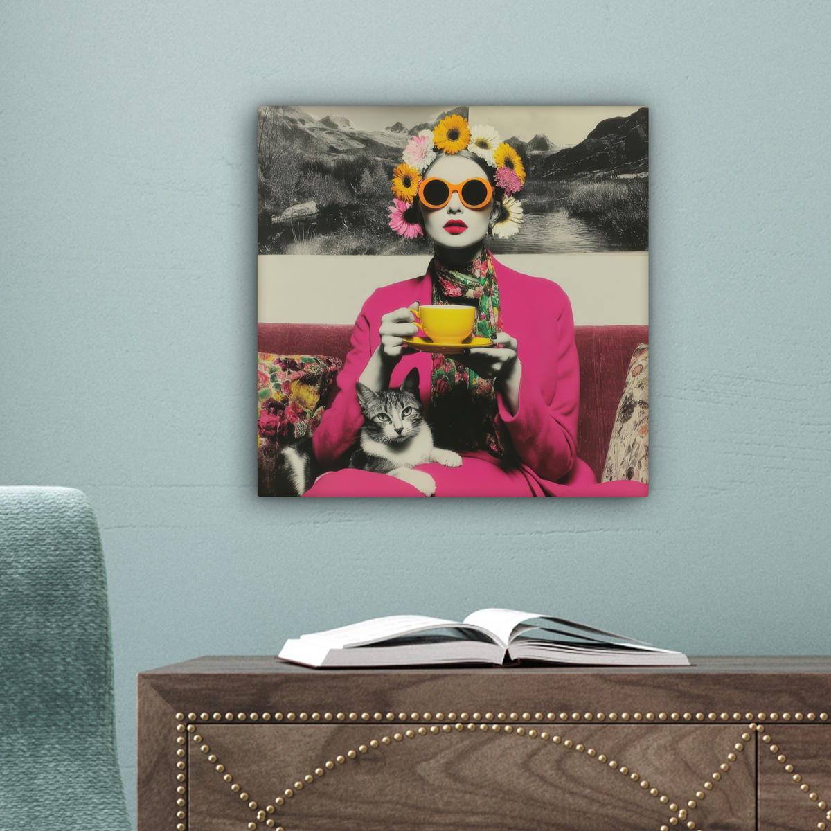 LEINWANDBILD Frau - Katze - Blumen - Tasse - Retro Deko Wohnzimmer 20x20 cm - Magenta, Textil (20/20cm) - MuchoWow