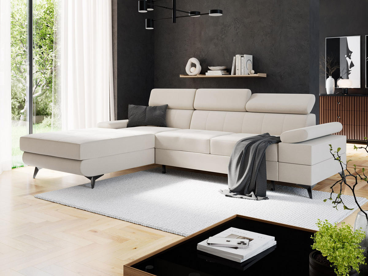 ECKSOFA VENTO Links Ecru Velours Easy Clean L-Form Couch mit Schlaffunktion & Bettkasten - Ecru/Schwarz, Holz (190/261cm) - Barchello