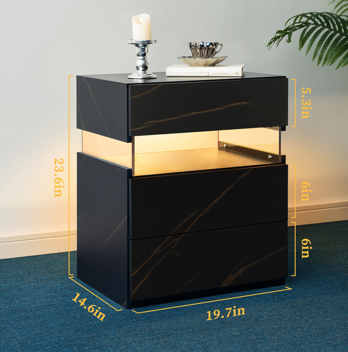 NACHTTISCH 48/38/61 cm mit 3 Schubladen & LED-Beleuchtung in Schwarz/Goldfarben - Schwarz, Holzwerkstoff (38/61/48cm) - BEAOK