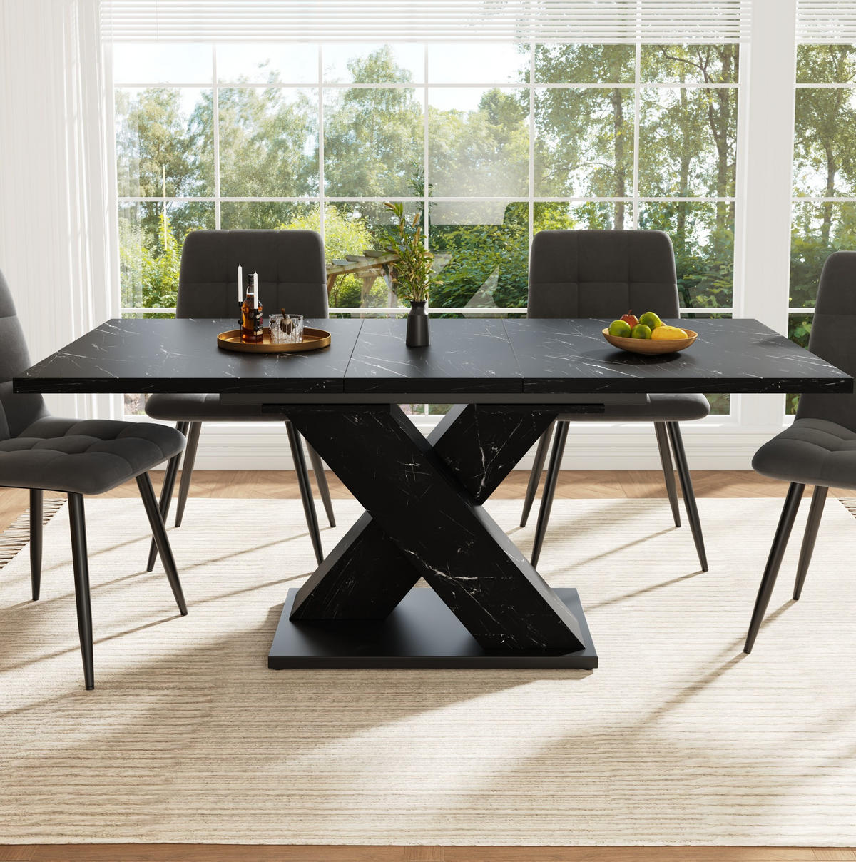 ESSTISCH 119,5-158,5/80/75 cm aus MDF ausziehbar mit X-Gestell und Marmoroptik, Schwarz - Schwarz, Holzwerkstoff (119/80/75cm) - Redom