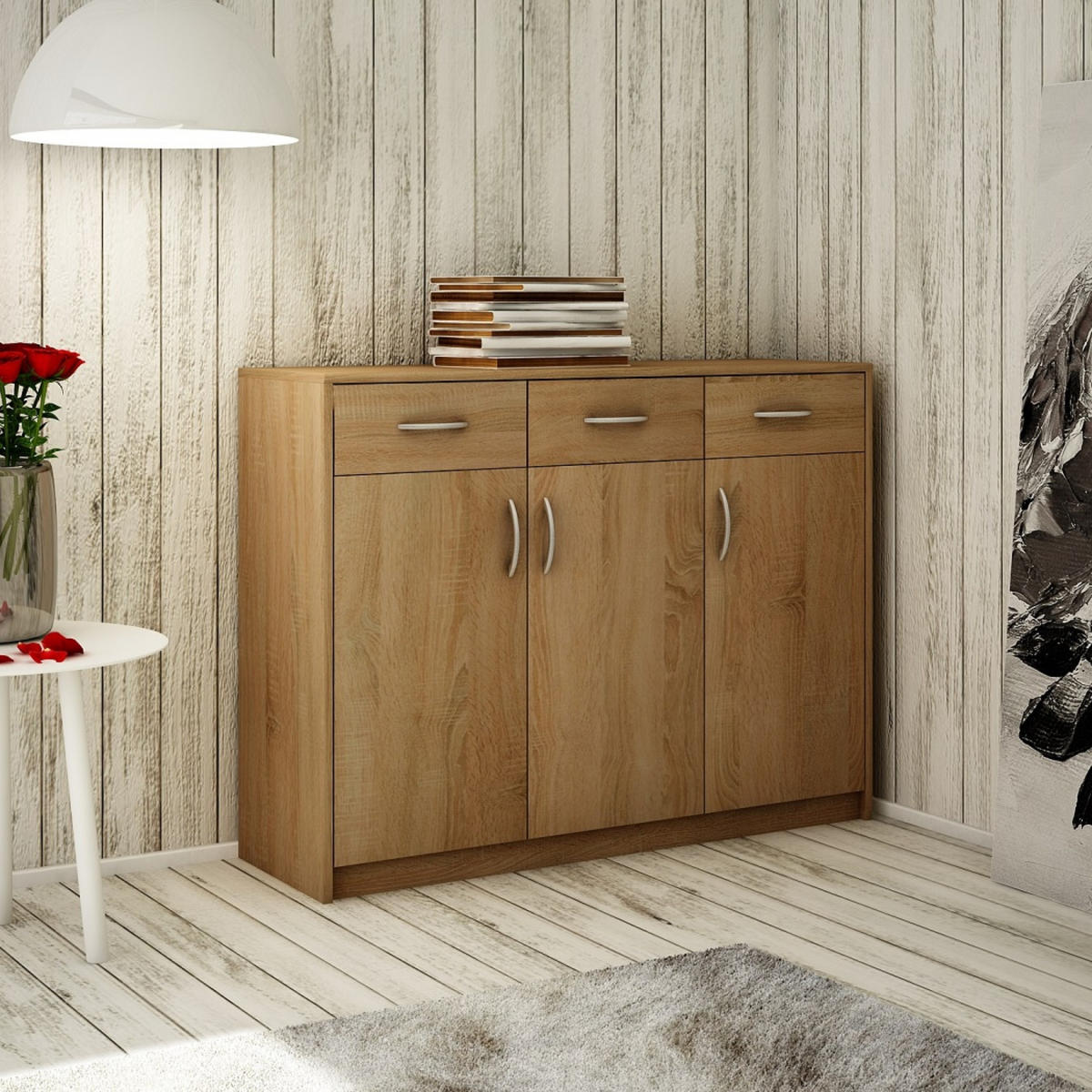 KOMMODE mit 3 Türen und 3 Schubladen - Hellbraun, Holzwerkstoff (110/85/35cm) - Home Collective