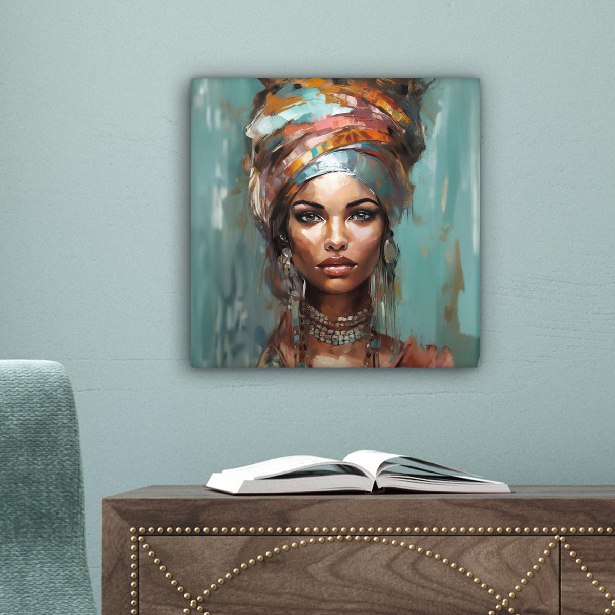 LEINWANDBILD Frau - Kunst - Schmuck - Porträt 20x20 cm - Blaugrau, Textil (20/20cm) - MuchoWow