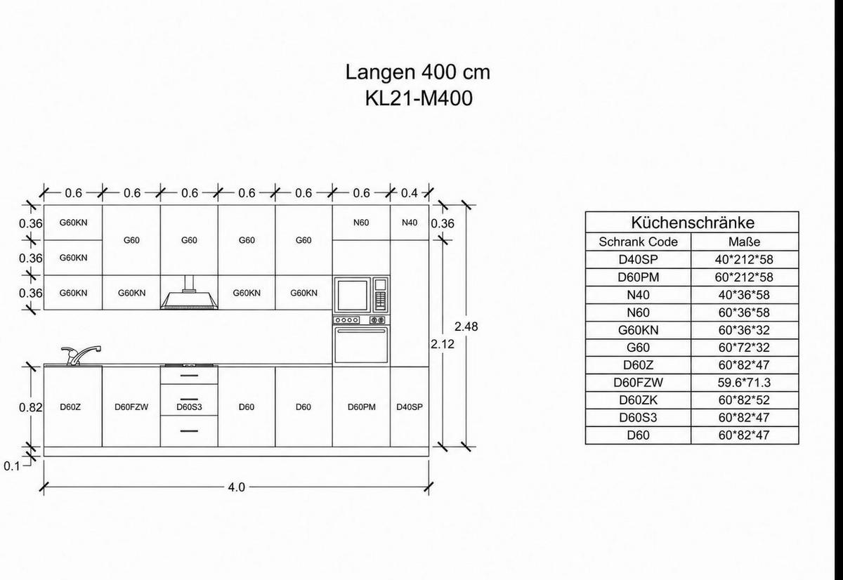 KÜCHENZEILE 400 cm - Langen KL21-M400 - in Artisan Eiche - Eiche Artisan, Holz (400/212/58cm)