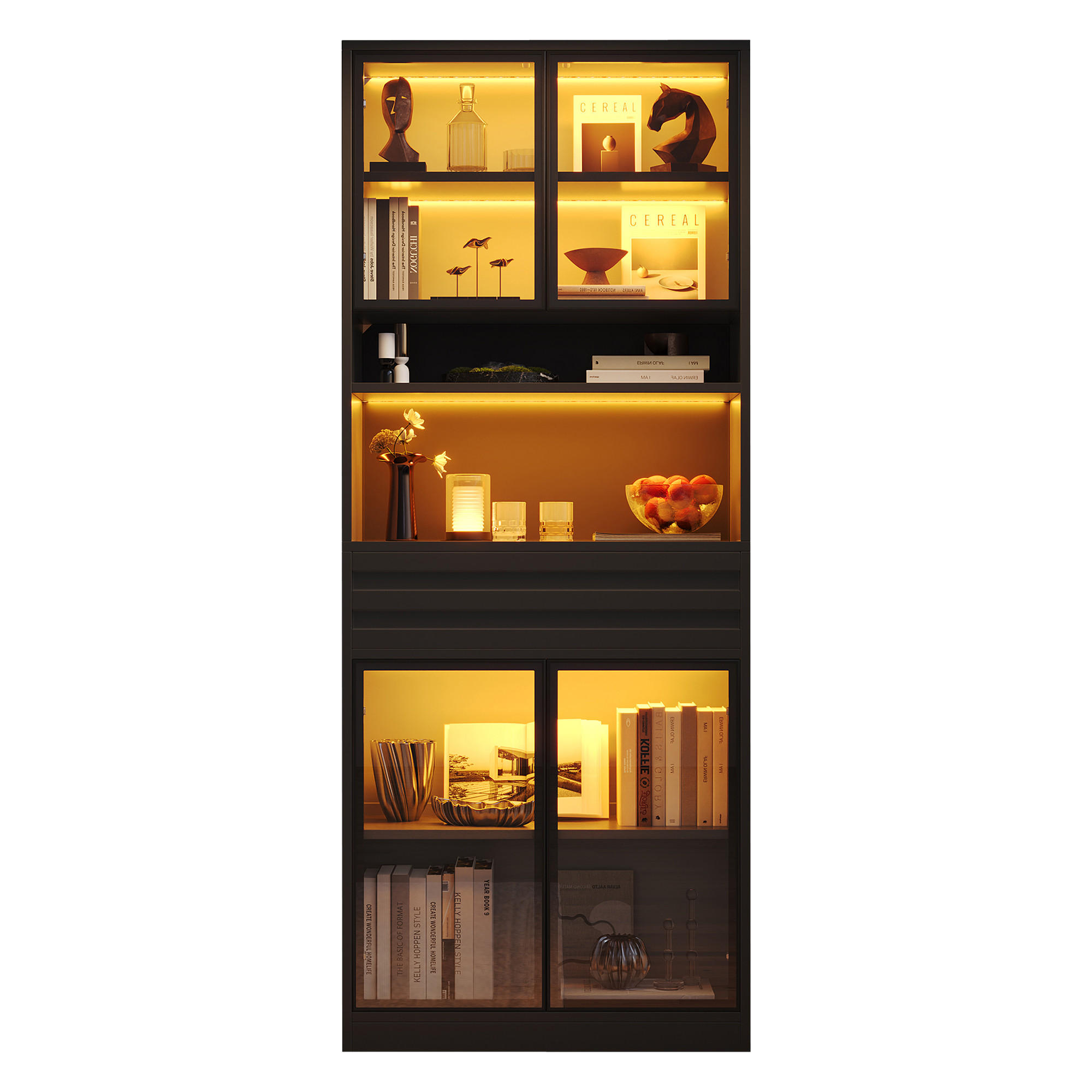 VITRINE 80x35x200 cm Schwarz mit RGB LED und 4 Glastüren - Schwarz, Holzwerkstoff (80/200/35cm) - FLIEKS