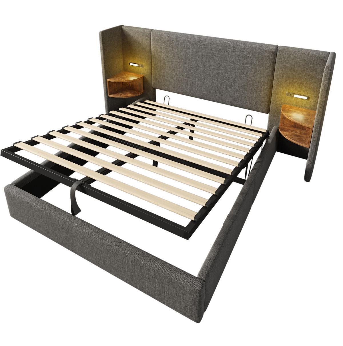 POLSTERBETT 160/200 cm aus Leinen mit Leselampe, USB- und Type-C-Anschluss sowie hydraulischem Stauraum, und Matratze,Grau - Grau, Textil (160/200cm) - Redom