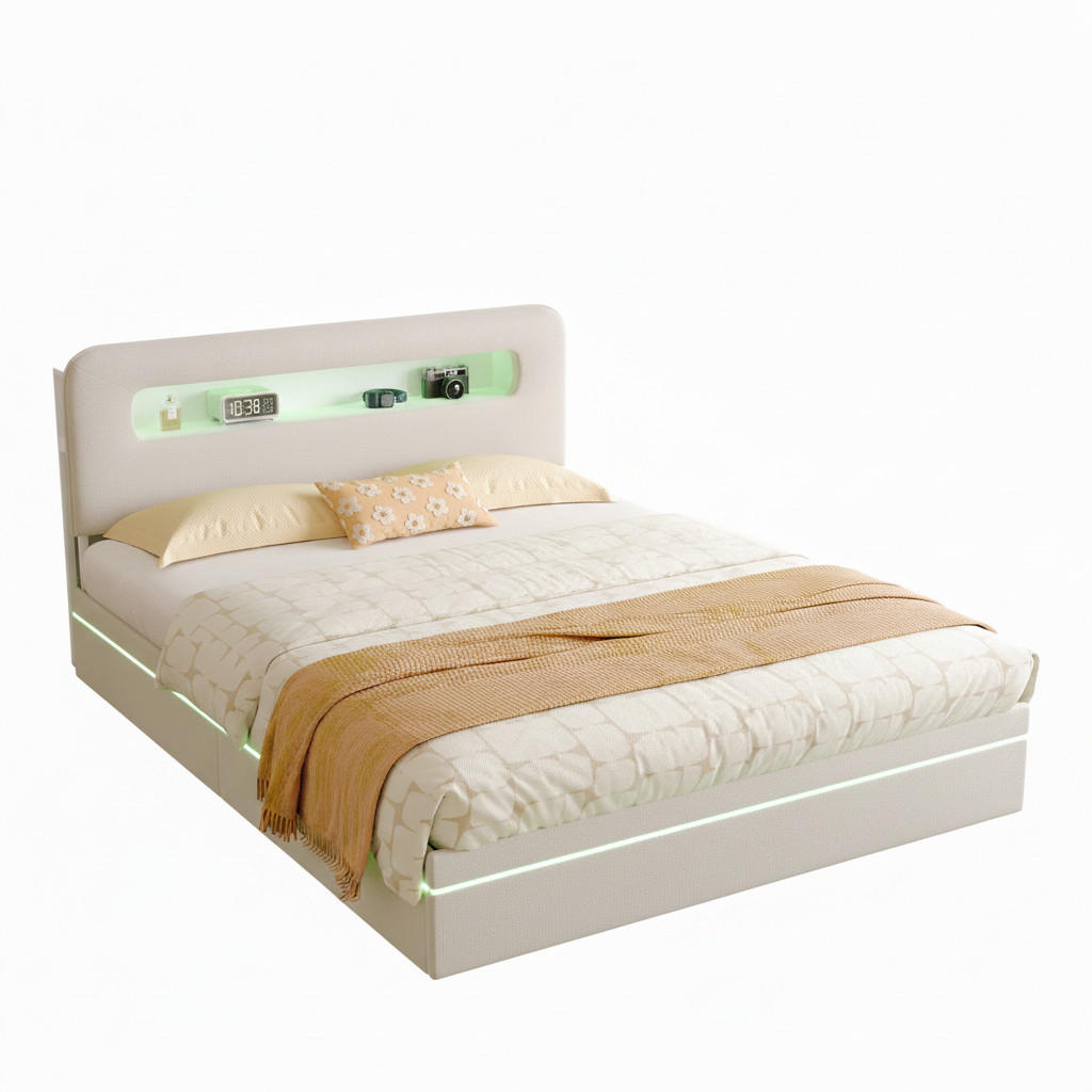 STAURAUMBETT 140x200 cm, Polsterbett mit Stauraum Kopfteil, LED-Beleuchtung - Beige, Holz (140/200cm) - PARAFTA HOME