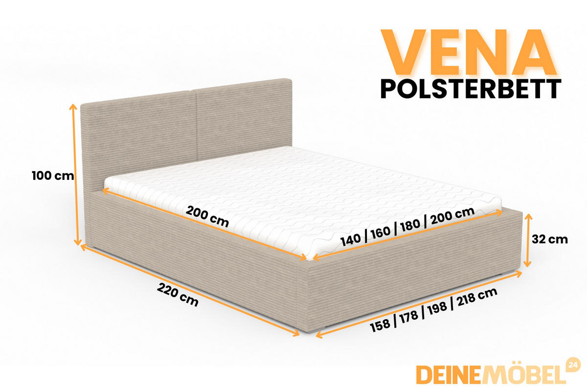POLSTERBETT VENA 160/200 in Cord Beige - Beige, Holzwerkstoff/Textil (160/200cm) - Deine Möbel 24