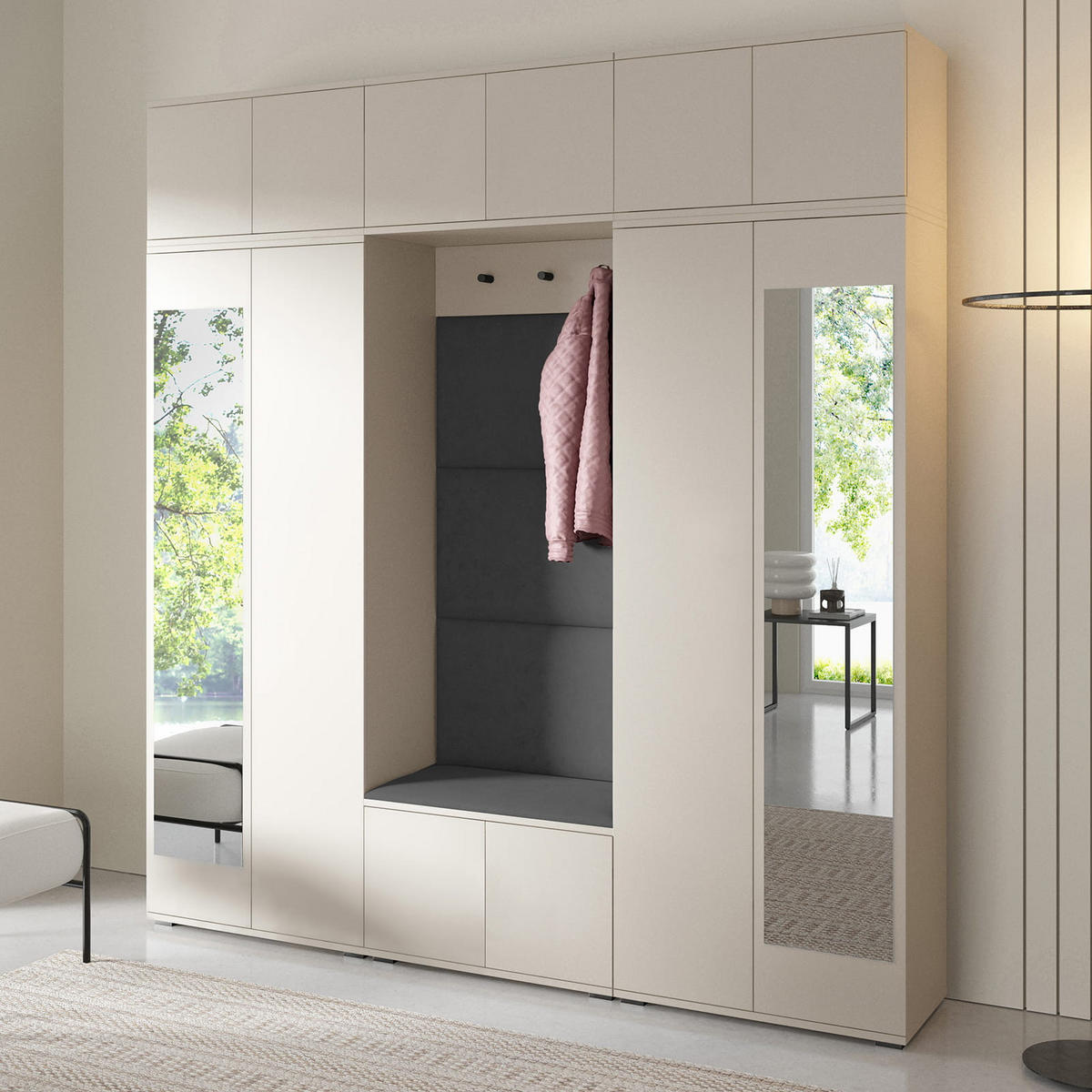 GARDEROBE Napoli 2 Kleiderschrank mit Polsterpaneelen Grau - Beige/Grau, Holzwerkstoff (210/229/40cm) - Jerpax