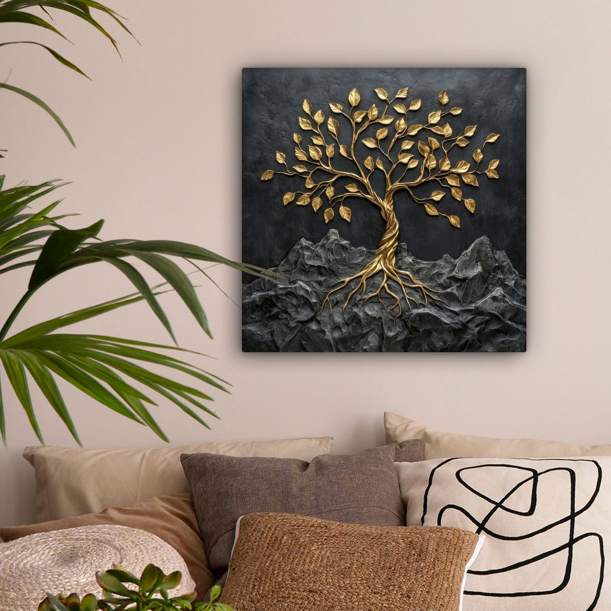 LEINWANDBILD Blätter - Gold - Baum - Fels Wandbild Wohnzimmer 50x50 cm - Schwarz, Textil (50/50cm) - MuchoWow