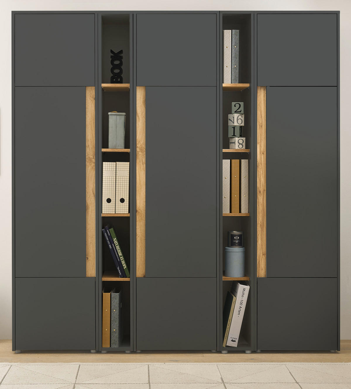 AKTENSCHRANK Set 5-teilig grau matt, Eiche Wotan 190 x 200 cm, Schrank-Regal-Kombination mit 25 Fächern - Eiche Wotan/Schwarz, Holzwerkstoff/Kunststoff (190/200/40cm) - Furn.Design