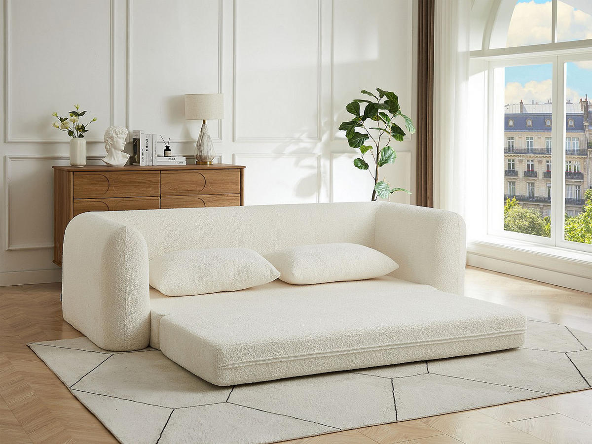 3-SITZER Schlafsofa als Chaiselongue, Bouclé-Stoff Beige – CATONO - Beige, Textil (240/87/111cm) - Vente-Unique