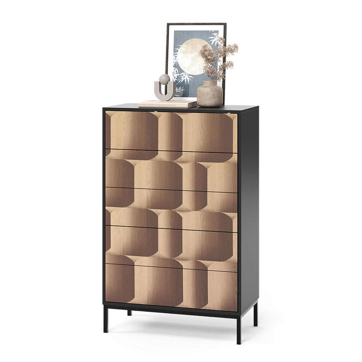 KOMMODE Eliza Schwarz/Eiche 76 x 120 cm mit 5 Schubladen - Eichefarben/Schwarz, Holzwerkstoff (76/120/40cm) - Vicco