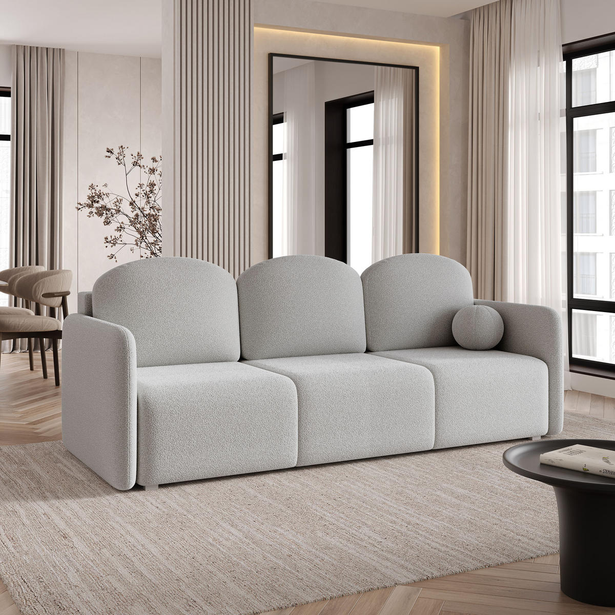 BETTSOFA SUVI III Q Hellgrau Bucle-Stoff mit Schlaffunktion - Hellgrau, Textil (220/85/90cm) - MASSENO