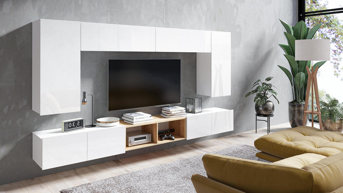 WOHNWAND Kossana 23 Modern Weiß/Goldene Eiche 300/43/154 cm TV Möbel - Weiß, Holzwerkstoff/Kunststoff (300/156/43cm) - AX Living