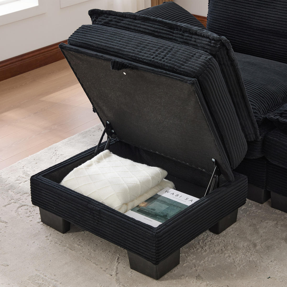 2-SITZER Sofa aus Corduroy 190x132x84 cm mit Hocker & USB-C, schwarz - Schwarz, Textil (132/84/190cm)